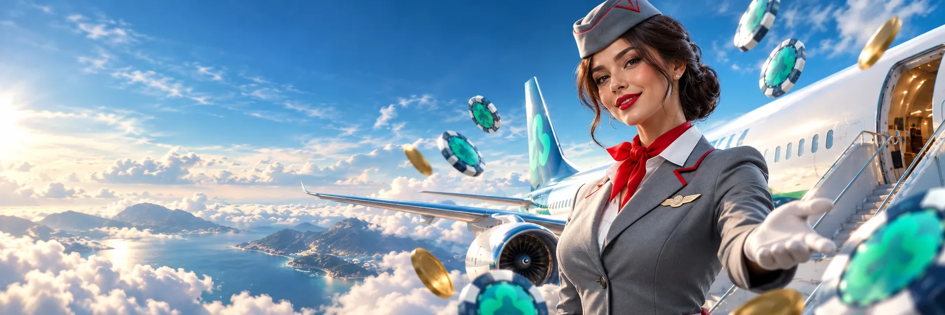 Winairlines cabin crew with a jet above the clouds